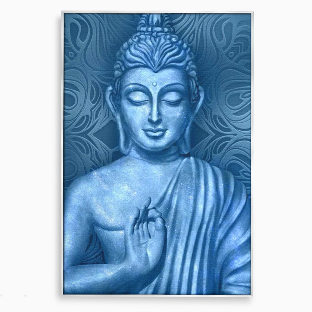 Tablou canvas cu tablou canvas cu buddha albastru, in rama de aluminiu argintiu